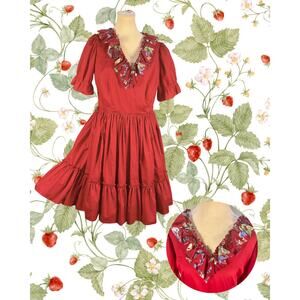 Vintage 70s Jacques Originals Burgundy Ruffle Neck Prairie Rockabilly Dress L